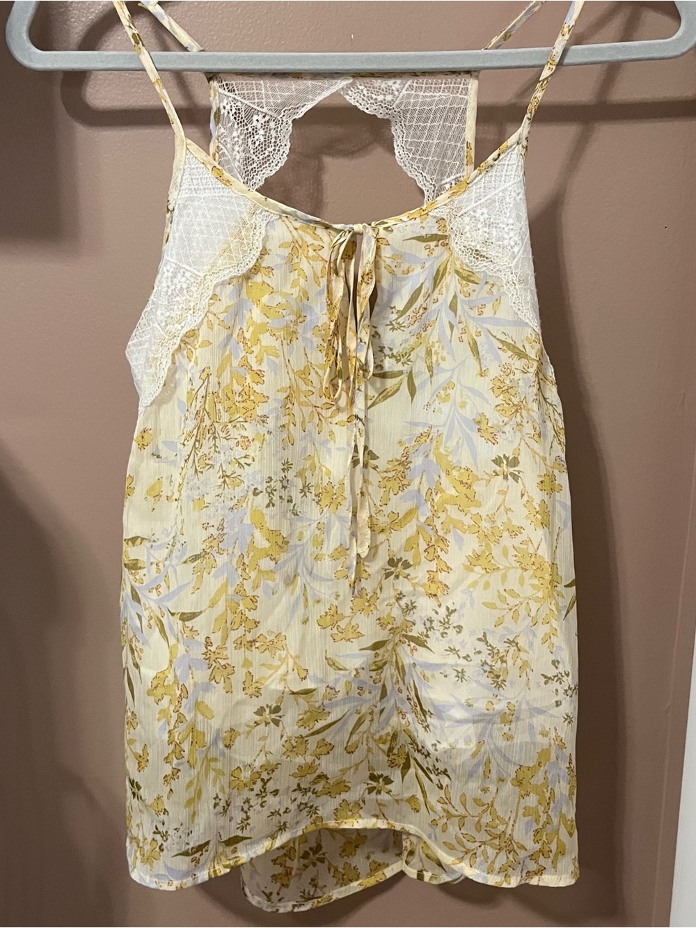 Miss Me Cream and Yellow Floral Lace-Trim Chemise Camisole Loose Fit Tank Top